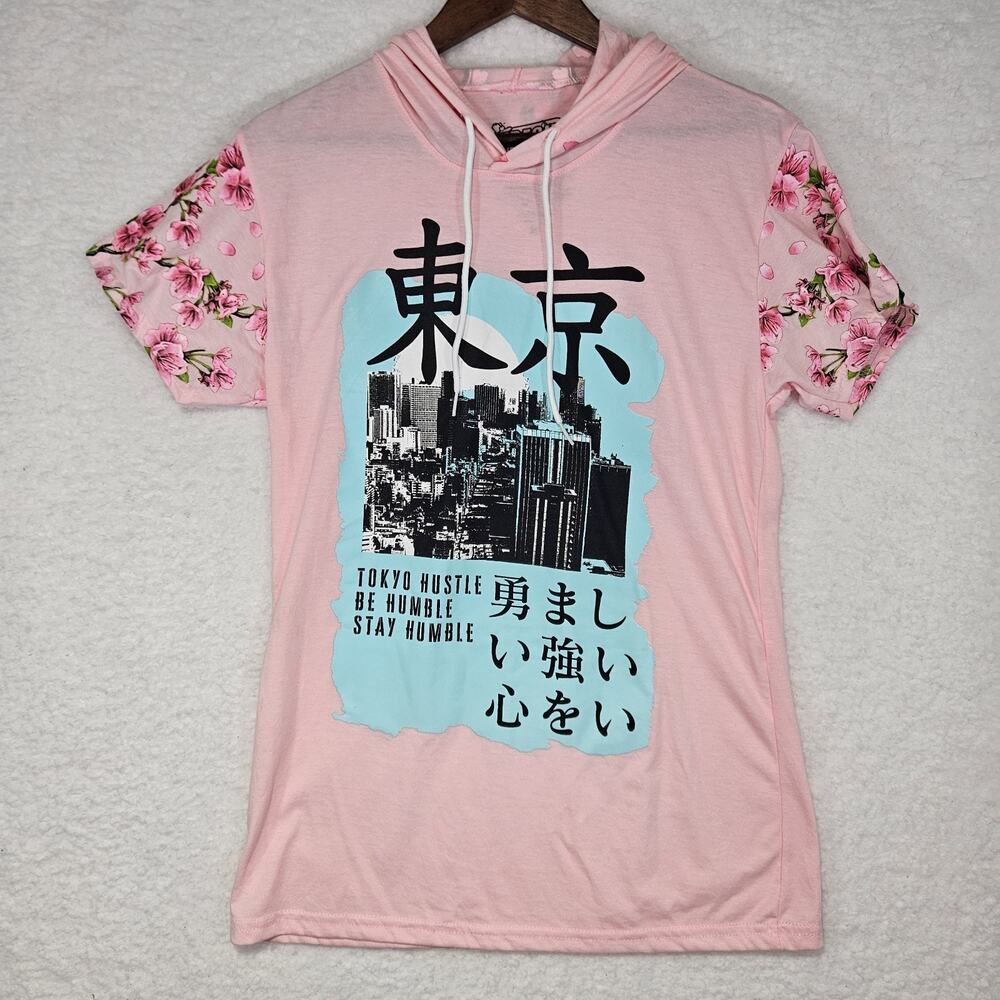 Fresh Laundry Pink Short Sleeve Pullover Hoodie Med Tokyo Graphic Floral Sleeves